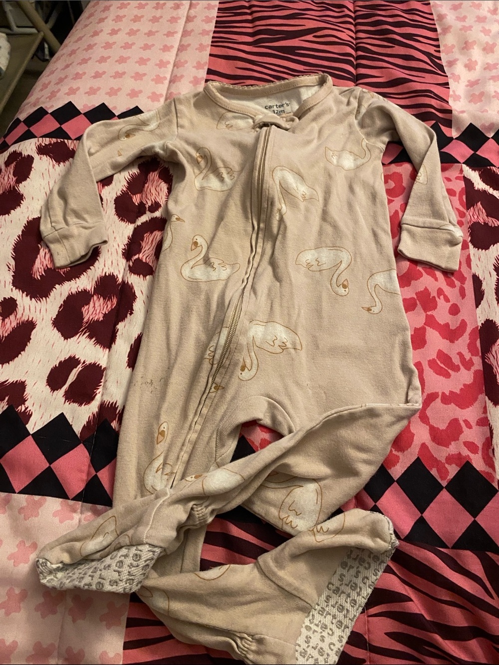 Carter's Beige Swan Print Footed One-Piece